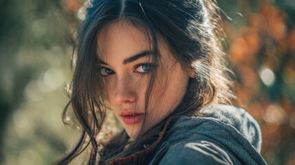 Naklejka premium Portrait of a pensive young woman with piercing gaze amidst blurred foliage