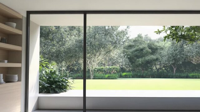 Minimalist kitchen interior featuring a sleek dark countertop with a bowl of fresh oranges and a cup, offering a serene view of a lush green outdoor garden and private backyard through large windows