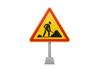 Road work ahead warning sign on a pole isolated on transparent background