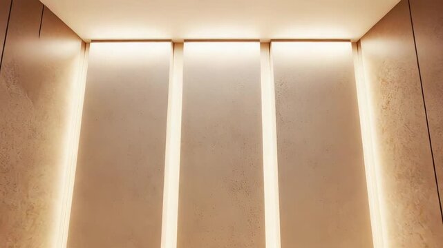 Empty room featuring a modern interior design with minimalist aesthetics, showcasing warm, glowing vertical light strips illuminating the textured walls and a clean floor surface