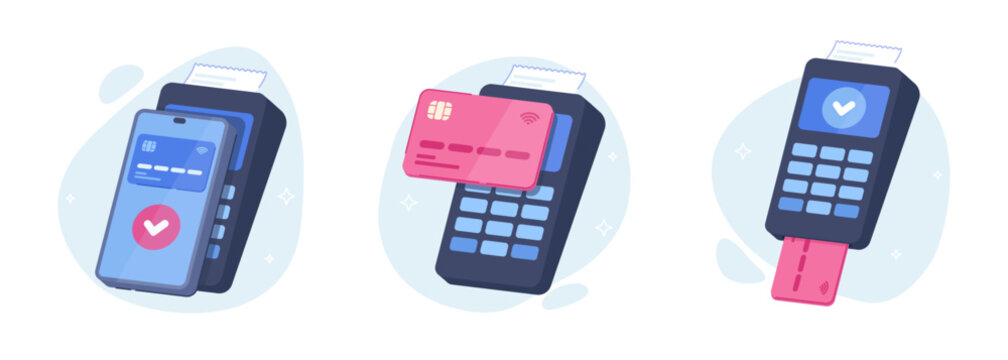 Collection of contactless payment machines processing card transactions with approval icons, suitable for finance apps, e-commerce, and digital banking platforms.