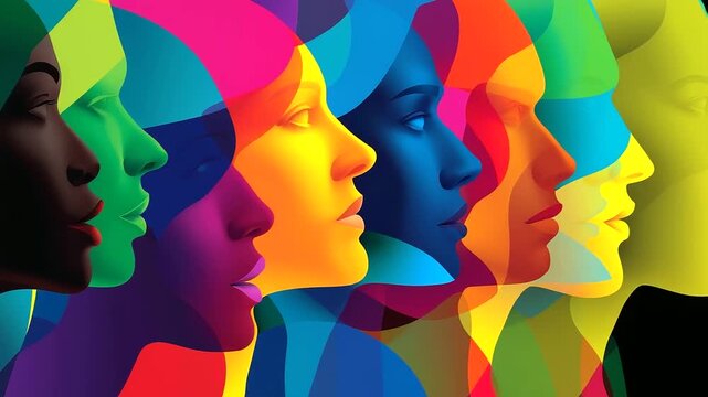 Colorful abstract representation of diverse faceless human profiles in vibrant artwork, unity showcase, multicultural visualization, with copy space