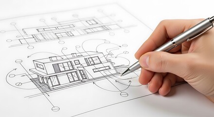 A hand holding a pen drawing a detailed architectural plan on paper