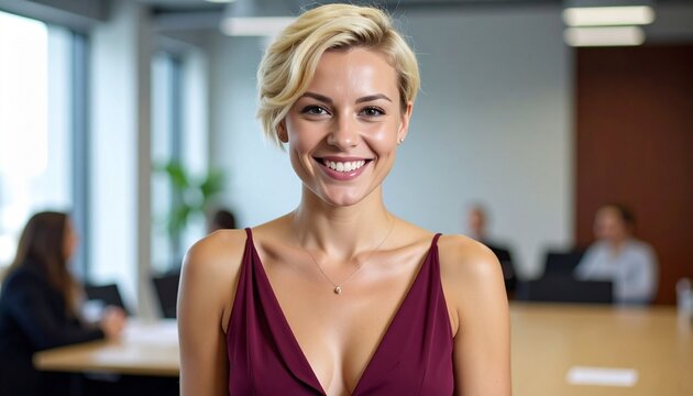 portrait of a professional blonde woman with short hair wearing a dark red bordeaux dress in the meeting room in the office