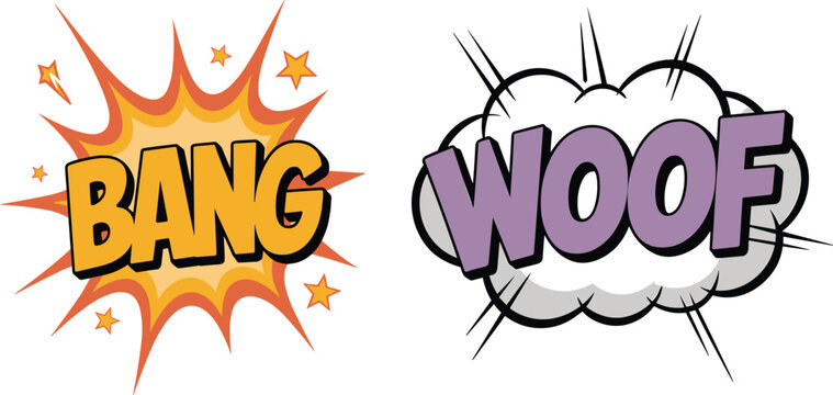 Cartoon comic book sound effect vector set, bang and woof bubbles for speech, action, and explosion