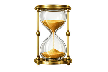 Gilded hourglass measuring time with flowing sand, an antique clock concept symbolizing deadline and countdown on transparent background