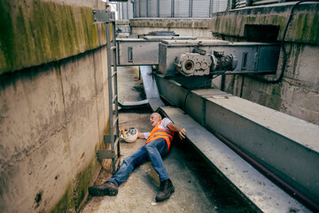 Senior male industry worker inspecting outdoor industrial equipment in facility wearing safety vest