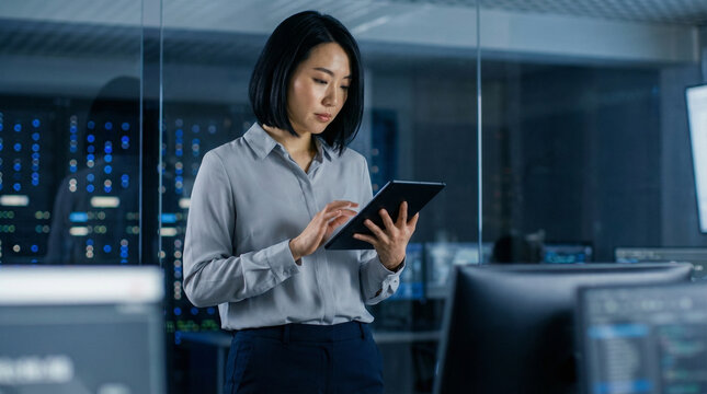 Female IT Specialist or Data Scientist Using Tablet in High-Tech Server Room, Asian Professional Woman Monitoring System Security in Modern Data Center, Cloud Computing Concept