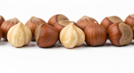Obraz premium Close-Up of Delicious Hazelnuts on a Pristine White Background Showcasing Their Unique Textures