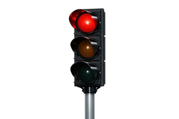 Traffic light with red illuminated signal, indicating stop for vehicles and pedestrians. Transparent background