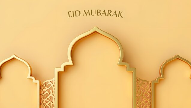 Elegant gold arches with intricate patterns and the text tid mubarak on a peach background