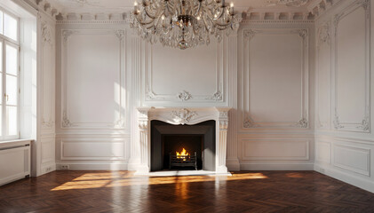 Fototapeta premium Opulent Interior: A Grand Room with Fireplace, Ornate Moldings, and Warm Wood Floor Creates a Luxurious and Inviting Ambiance for Design Inspiration