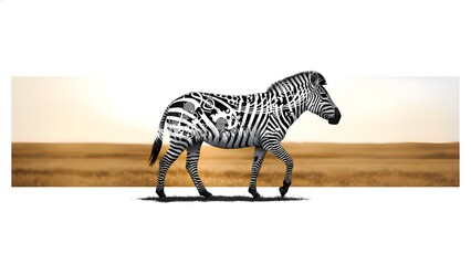 Fototapeta premium Striking black and white zebra illustration featuring intricate tribal patterns walking across a vast, sunlit savanna landscape at dawn or dusk