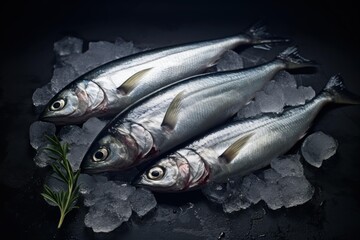 Obraz premium Three fresh fish lie on a bed of ice, garnished with a sprig of rosemary, ready for preparation