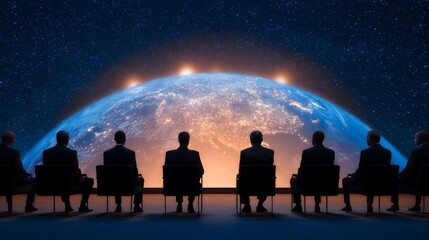 Global Summit: A group of individuals in silhouette, engaged in a contemplative summit before an illuminated planetary backdrop.