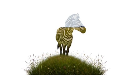 Fototapeta premium Conceptual double exposure artwork featuring a stylized zebra silhouette overlaid with vibrant green savanna grass texture standing atop a small grassy mound.