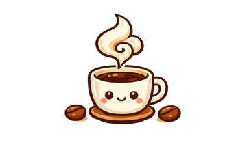 This cute cartoon coffee cup features a smiling face and swirling steam rising from the top. It sits on a saucer between two coffee beans against a solid black background.