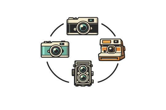 A collection of four vintage camera illustrations arranged in a circular pattern on a solid black background. The set includes a rangefinder, an instant camera, and a twin-lens reflex model.