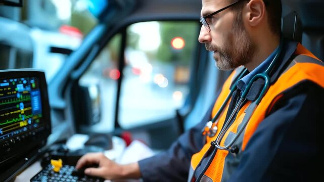 Faceless paramedic in ambulance, emergency medical professional inside vehicle, mobile healthcare worker scene, with copy space