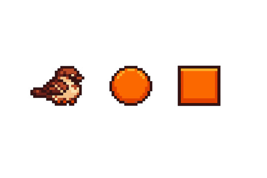 A pixel art illustration featuring a small brown bird, an orange circular orb, and an orange square block arranged horizontally against a solid black background.