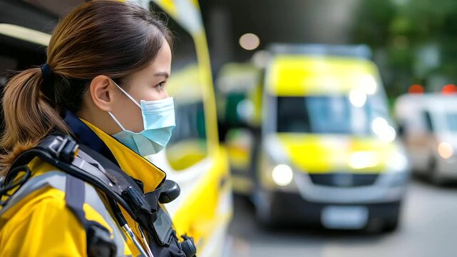 Faceless paramedic in emergency response situation, medical professional during urgent care scene, emergency services action, with copy space