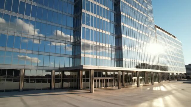 A modern glass building reflects the vibrant blue sky and fluffy clouds, showcasing sleek architecture and sunlight gleaming off its facade in an urban landscape