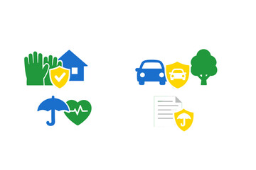 A collection of flat vector icons representing various types of insurance coverage, including home, auto, health, and life protection, displayed on a solid black background.