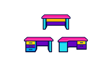 This vector illustration features three colorful office desks with drawers in a modern flat style. The furniture is depicted in bright pink, yellow, and purple on a black background.