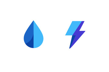 A blue water drop icon and a blue lightning bolt icon are displayed side by side against a dark background with vertical line textures. The icons feature geometric shading.