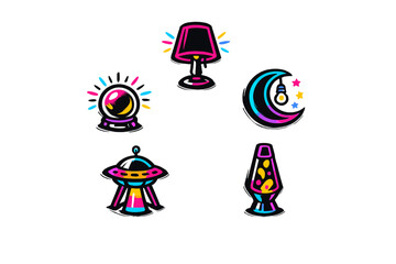 A collection of five vibrant neon icons including a table lamp, crystal ball, crescent moon, UFO, and lava lamp, all set against a solid black background for a glowing effect.