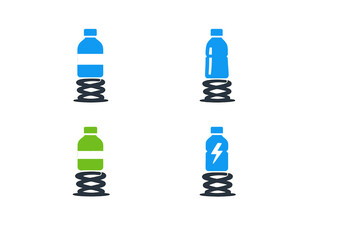 Obraz premium A collection of four stylized plastic bottle icons placed on top of coiled springs. The set features blue and green bottles with various label designs on a solid black background.