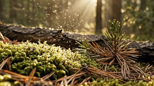 Sunlight filters through trees, illuminating lush green moss and pine needles scattered on the forest floor, while tiny particles dance in the air, creating a serene, magical atmosphere
