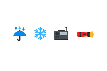 Fototapeta premium A collection of four colorful icons including a blue umbrella with rain, a blue snowflake, a grey portable radio, and a red flashlight, all set against a solid black background.