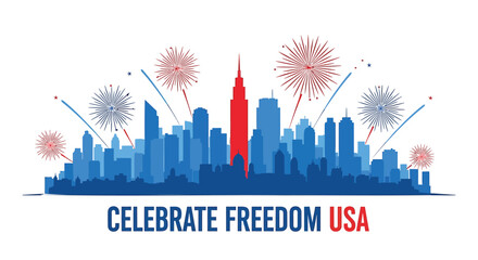 Obraz premium Independence day USA icon with fireworks and city skyline, Celebrate Freedom USA. Vector illustration for 4th of July celebrations. Created in colorful style with red, white, and blue palette.