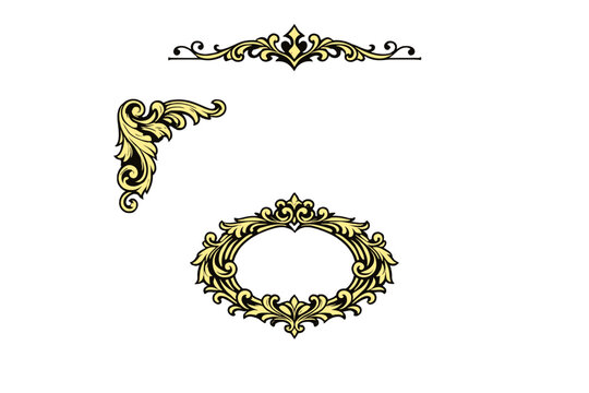 Three golden vintage decorative elements featuring a horizontal divider, a corner ornament, and an oval frame with intricate scrollwork isolated on a black background.