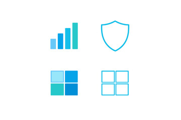Obraz premium A collection of four minimalist blue icons on a black background featuring a bar chart, a security shield, and two different grid patterns representing data and interface design.