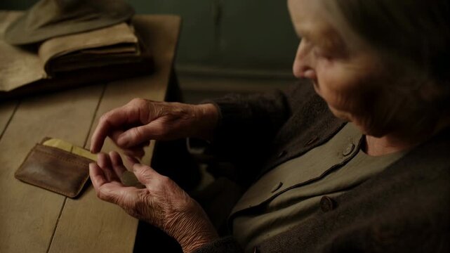 Senior Woman Examines Photograph. Widowed Matron Gently Holds Treasured Picture In Peaceful Setting