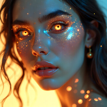 Mystical woman portrait with glowing eyes and glitter makeup, fantasy style

