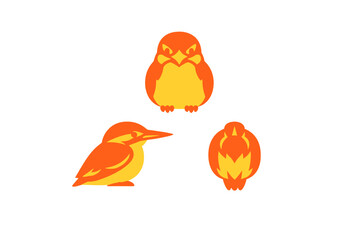 Three stylized illustrations of a small bird in orange and yellow colors shown from front, side, and back views against a solid black background. Minimalist flat design style.