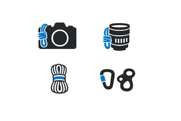 A set of four flat icons depicting photography and climbing equipment, including a camera, a lens, a coil of rope, and climbing hardware like a carabiner and a descender.