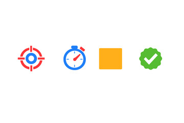 Four flat design icons including a red target, a blue stopwatch, an orange square, and a green checkmark badge are displayed in a horizontal line on a black background.