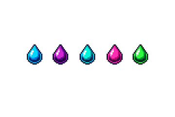 A horizontal row of five pixel art teardrop gems in blue, purple, cyan, pink, and green colors is displayed against a solid black background for game assets.