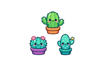 Three cute cartoon cacti with smiling faces are shown in colorful pots against a black background. One has pink flowers, another has a yellow star, and the third is a classic green cactus.