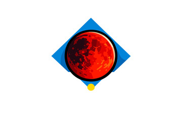 A graphic illustration of a red blood moon centered within a blue diamond shape, featuring a small yellow circle at the bottom tip, all set against a solid black background.