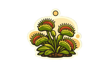 This sticker style illustration features a carnivorous Venus flytrap plant with several open traps, green leaves, and red inner surfaces, set against a dark background.