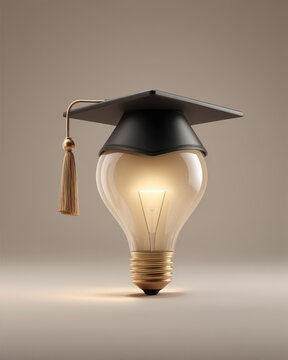 Graduation cap light bulb education idea innovation learning success knowledge concept, warm glow on neutral background, hopeful mood