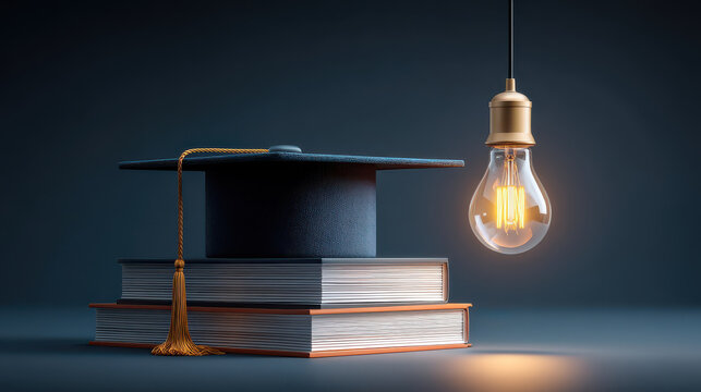 Graduation cap book light bulb knowledge education study learning inspiration on stacked textbook under warm lamp glow dark background