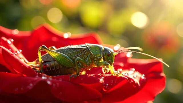 Closeup of a wet green cricket resting on a red rose with bright sunlight and gentle bokeh background