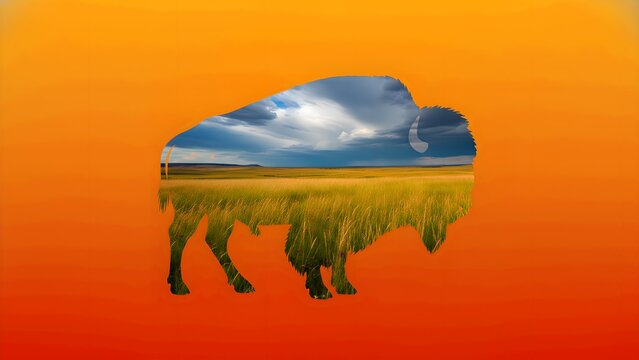 Silhouette graphic art featuring an American bison filled with a vibrant prairie landscape image against a bold orange gradient background