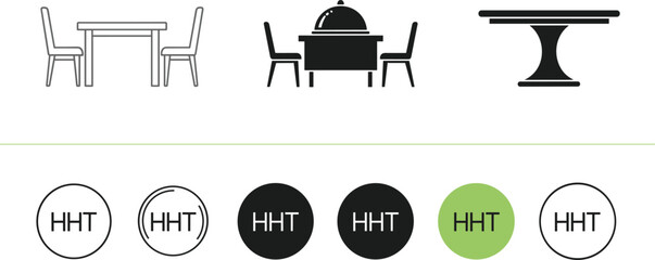 Dining table and chair icon set with restaurant furniture and HHT typography logo for interior design and hospitality © Mohammad